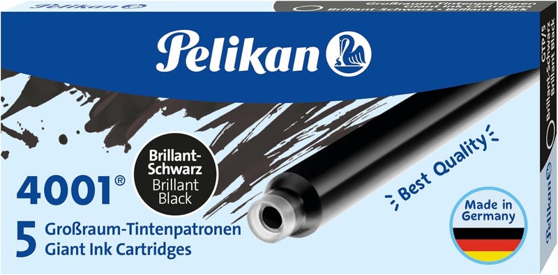 Pelikan 4001 GTP/5 Ink Cartridges for Fountain Pens, Brilliant Black, 1.4ml, 5 Pack - Image 1